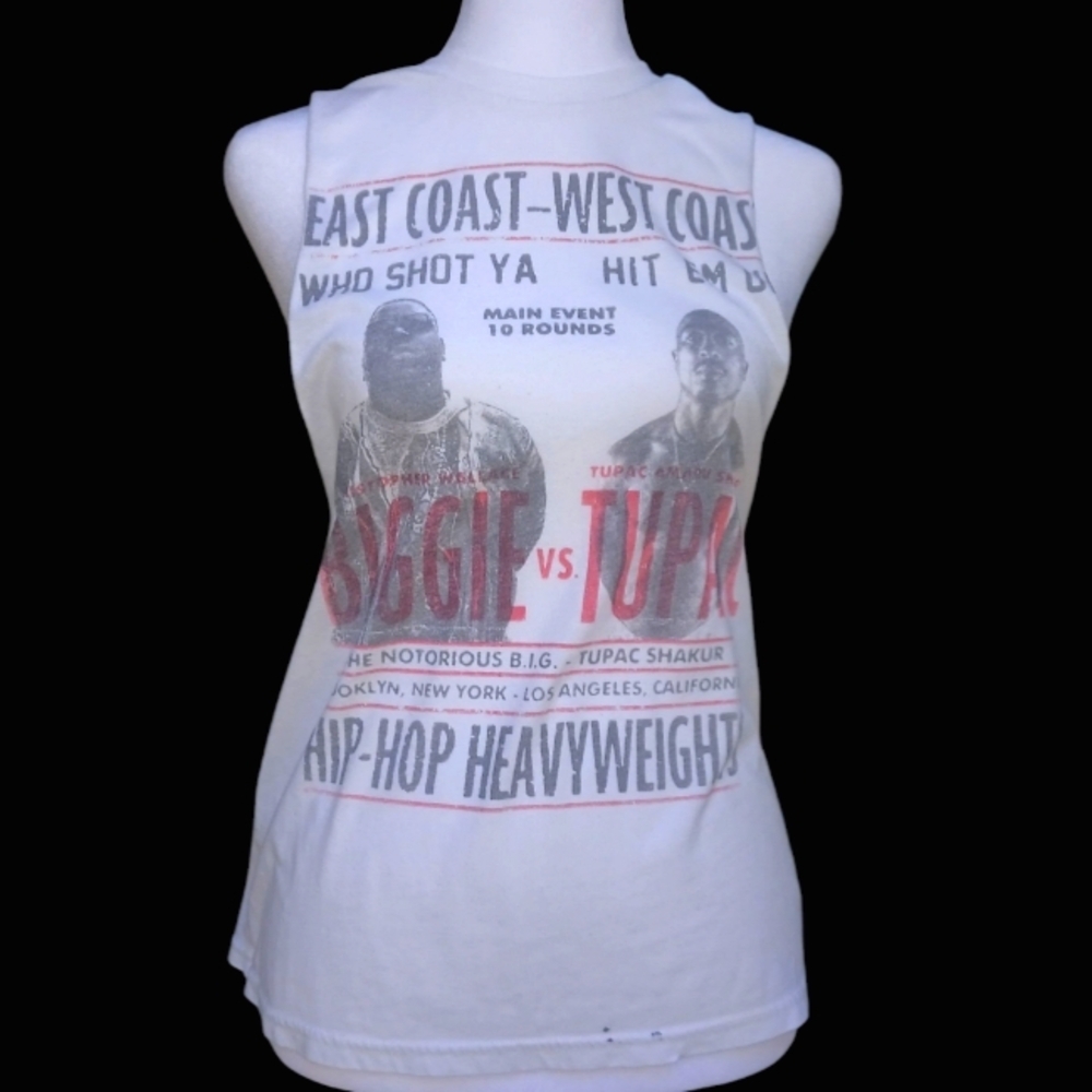 Tupac vs. Biggie Muscle Graphic White Grey Red Sleeveless Tank T- Shirt Size XS